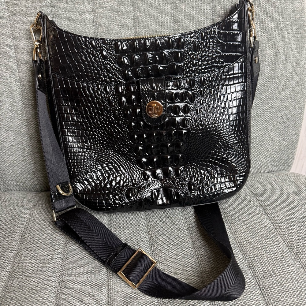 Brahmin Small Leia:  Black Embossed Leather Crossbody w/ fabric strap